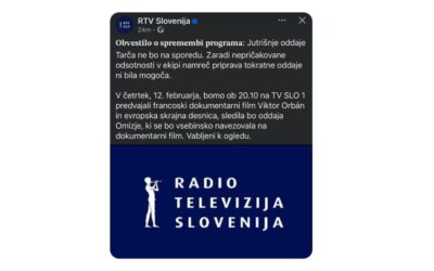 “Oddaje Tarča ne bo na sporedu. Zaradi nepričakovane odsotnosti v ekipi namreč priprava tokratne oddaje ni bila mogoča. V četrtek, 12. februarja,  bomo ob 20.10 na TVSLO1 predvajali francoski dokumentarni film Viktor Orban in evropska skrajna desnica.”